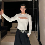 Advbridge Spring Summer Show Designer Tight Hollow Out Top Fishbone Tunic Waist Inner Cloth Solid Color 2024 T-shirt Sexy Men Clothing