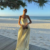 ADVBRIDGE  -  Fashion Solid V Neck Robes Chic Pleated Sleeveless Off Shoulder Puffy Long Dress New Women's Summer Vaction Beach Vestidos 2025