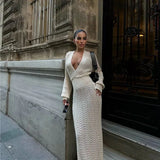 ADVBRIDGE  -  Solid Colour Sexy Knit Cut Out Holiday Beach Casual Long Dresses Women's 2025 Summer Sexy V-Neck Long Sleeve Bodycon Maxi Dress