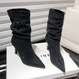 Advbridge Luxury Rhinestone Pleated Design Elastic Women's Boots Sexy Pointed Toe Ankle Boots for Women Winter Warm Banquet High Heels