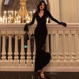 Advbridge Sexy Bodycon Black Lace Maxi Dresses for Women Flare Sleeve V-neck Slim Mermaid Evening Party Dress Prom Robe Fishtail Vestidos