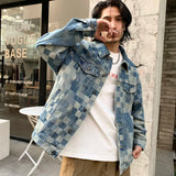 Advbridge Check Mosaic Pattern Men Denim Jacket Loose Plaid Jacquard Weave Cotton Coat Long Sleeve loose Turn Down Collar Outerwear