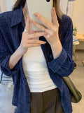Advbridge Retro French Casual Slim Women Shirt Street Loose Fashion Plaid Woman Shirt Blue Chicly Simple Basic Long-Sleeved Shirt Female