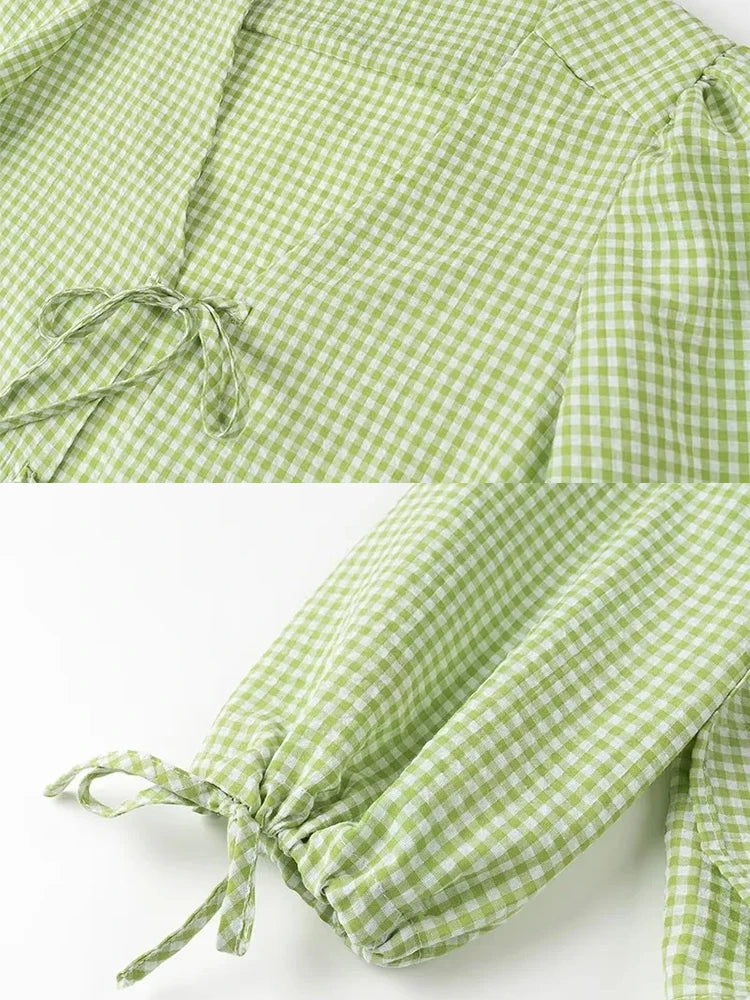 Advbridge Long Sleeve Bowknot Tie Up Plaid Women Blouse Shirt V Neck Casual Summer New Chic Green Top Female Black Blusa Mujer