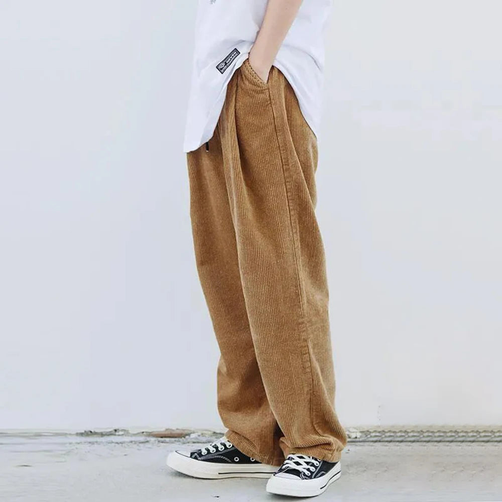 Advbridge Mens Casual Corduroy Pants Autumn Winter Genderless Japanese Lazy Style Loose Simple Basic Elastic Waist Straight Pants Unisex