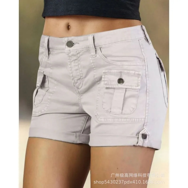 Advbridge Women Mid Waist Straight Short Pants Solid Color Pocket Stitching Shorts Summer Streetwear Fashion Cargo Shorts