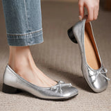 ADVBRIDGE  -  Women's genuine leather round toe sweet bowtie slip-on flats 3cm round low heel elegant ladies slim daily dress shoes for woman