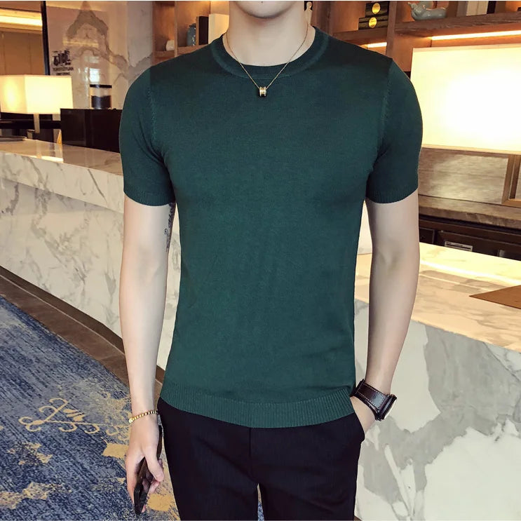 Advbridge -  Summer New Men Solid Color T Shirt Mens Clothing Casual Slim Fit Knitted T Shirts Short Sleeve Tops Large Size 4XL