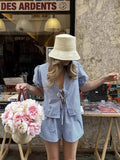 ADVBRIDGE  -  Blue Plaid Shorts 2 Piece Set V Neck Puff Sleeveless Lace-up Crop Blouse+Shorts Simple Casual Fashion Summer Suits For Women New