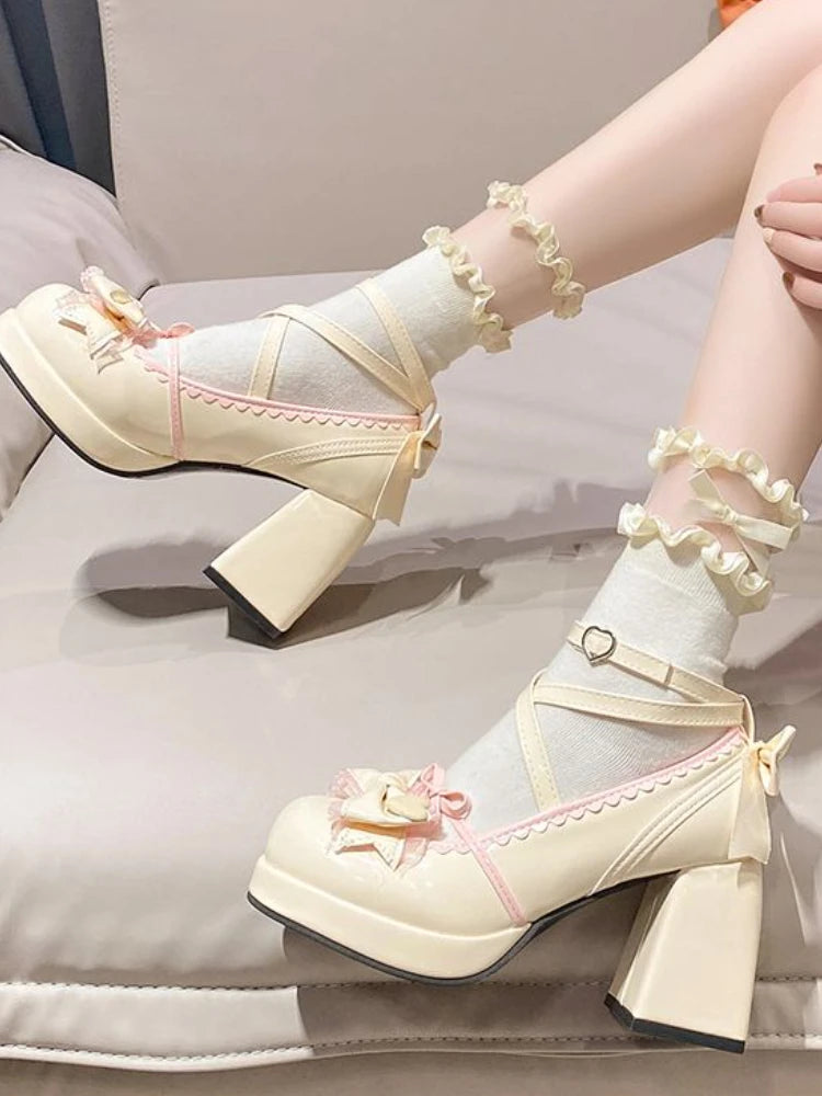 Advbridge Sweet Vintage Mary Janes Shoes Women Heart Buckle Lolita Kawaii Platform Shoes Female Bow-knot Cute Designer Shoes Summer