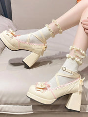 Advbridge Sweet Vintage Mary Janes Shoes Women Heart Buckle Lolita Kawaii Platform Shoes Female Bow-knot Cute Designer Shoes Summer