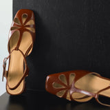 ADVBRIDGE  -  Women's cow leather hollow-out t-strap sandals 4cm thick med heel square toe elegant ladies summer pumps heeled shoes for woman