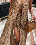 ADVBRIDGE  -  Women's Summer 2025 Beach Vacation Dress Set Chiffon Print Halter Long Dress Loose Leopard Print Shorts Elegant Casual Outfit