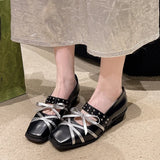 Advbridge 2024 Luxury Women Square Toe Bow Mary Jane Single Shoes Real Genuine Leather Flat Bottom Rivet Belt Buckle Ballet