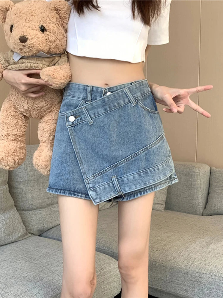 Advbridge -  Women's Clothing Vintage Irregular Army Green Denim Shorts Summer Streetwear Fashion High Waist A-Line Button Slim Pants Female