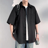 ADVBRIDGE  -  Men's Vertical Stripe Lapel Textured Loose-Fit Short Sleeve Shirt Casual Breathable Top Comfortable Wear, Trendy Summer Style