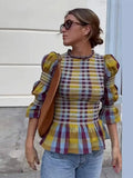 Advbridge Casual Plaid Print Ruffle Hem Blouse For Women Fashion Puff Sleeve O-neck Loose Shirt 2025 Spring Female Loose High Street Tops