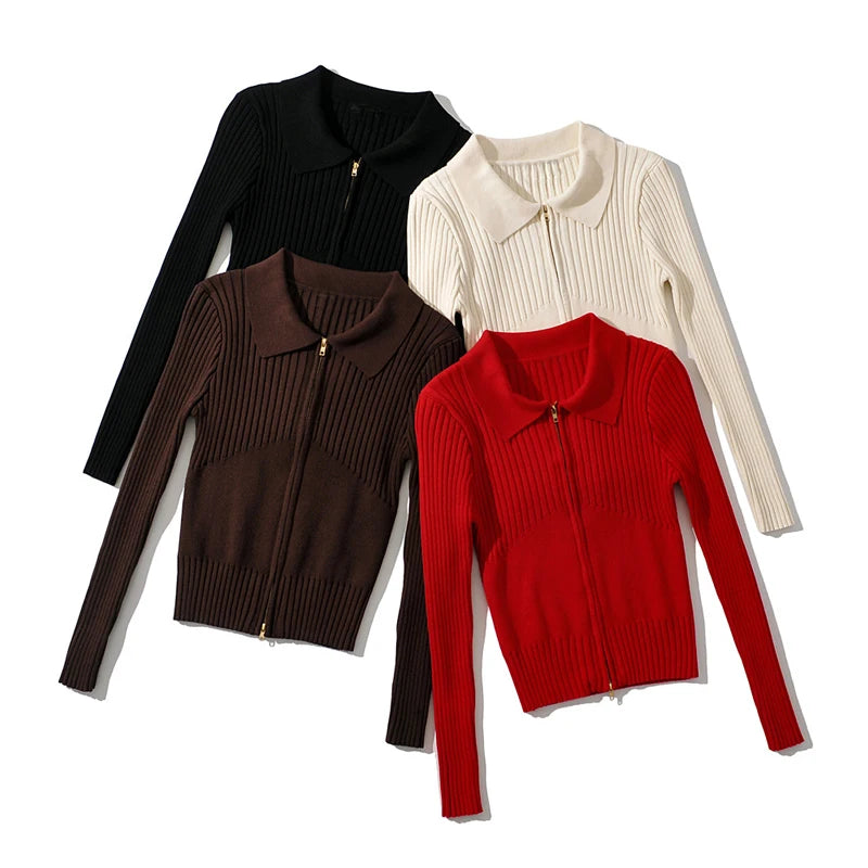 Advbridge -  Women Spread Collar Two-way Zip Fastening Knitted Jumper