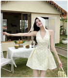 ADVBRIDGE  -  French Style Sweet Mini Dresses Women Apricot Lace Halter V-neck Elegant Party Dress Summer Pink Print Retro Vestido Kawaii Lady