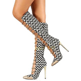 Advbridge Zebra Stripes Chain Gladiator Boots Metal Toe Iron Chain Splicing Sandals Boots White Black Sexy Autumn Fashion Women High Boots