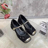 Advbridge 2024 Spring and Autumn Chunky Heel Square Head Single Shoe Sequin Small Fragrant Wind Womens Shoes Shallow Mouth Mary Jane Shoes
