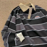 Advbridge Japan Retro Striped Long-sleeved POLO Shirt Top Men Women Loose Trend Couple BF Lapel Sweatshirt Preppy Hip Hop Cool Shirts