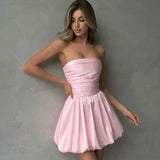 Advbridge Pink Off Shoulder Pleated Mini Dress Women's Sexy Sleeveless A-Line Dress Elegant One Shoulder Backless Party Mini Dress