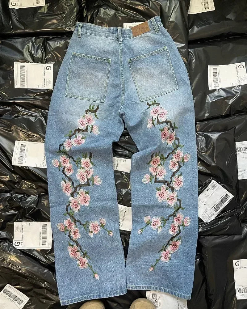 Advbridge Y2K Hip Hop Harajuku Retro Sakura Embroidered High Quality Jeans Streetwear Hip Hop Goth Men's and Women's Wide Leg Jeans