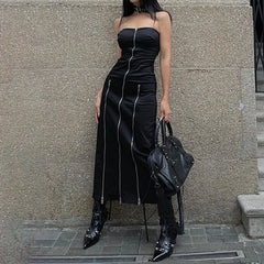 Advbridge Goth Dark Techwear Fashion Zip Up Midi Dresses Cyber Y2k Mall Gothic Split Women Tube Dress Partywear Punk Off Shoulder Outfits