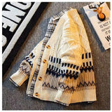Advbridge Japanese Retro Patchwork Diamond Grid V-neck Cardigan Sweater for Men Loose and Stylish Casual Knitwear Jacket