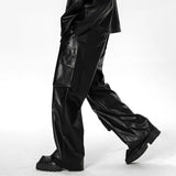 Advbridge Mens American Y2k Multi-Pocket Leather Overalls New Essential Youth Loose Casual Street Solid Color Punk Leather Pants For Men