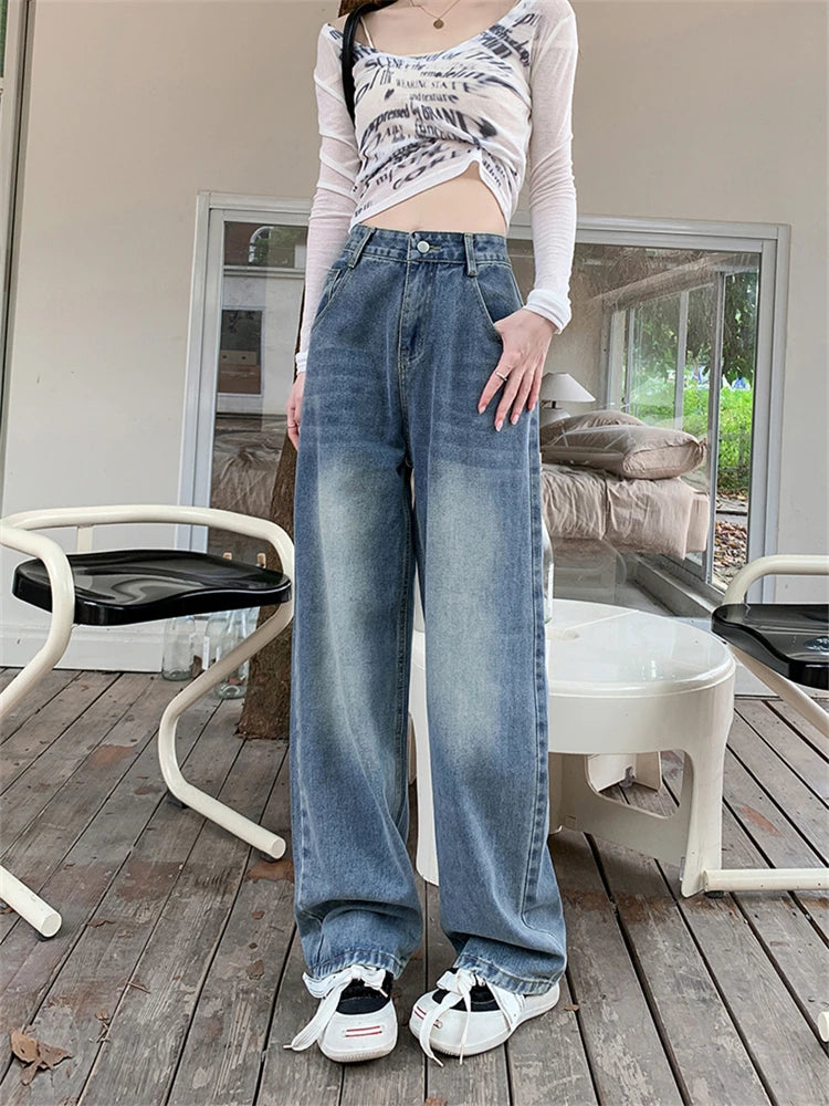 Advbridge  Women's Simple Vintage Design Straight Blue Jeans Street Style Casual Pants Female High Waist Wide Leg Denim Trousers