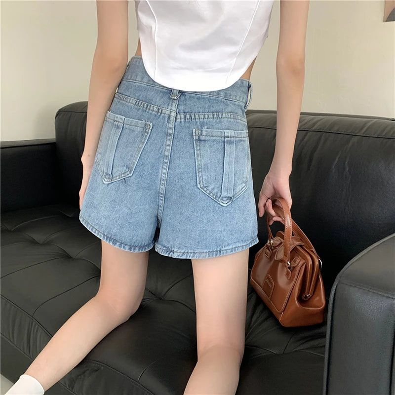 Advbridge -  Women's Clothing Vintage Irregular Army Green Denim Shorts Summer Streetwear Fashion High Waist A-Line Button Slim Pants Female