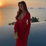 ADVBRIDGE  -  Sexy Deep V Neck Knitted Long Dress For Women Long Sleeve Solid Casual Long Robes 2025 New Lady Spring Vacation Beach Dresses