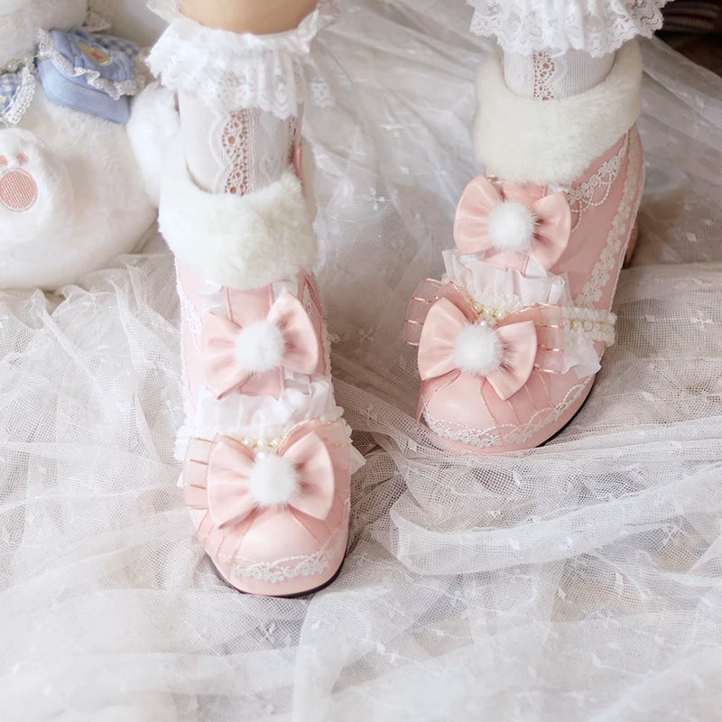 Advbridge Original Lolita Cute Plush Ball Plush Warm Short Boots Lolita Shoes Sweet PU Girls' Shoes