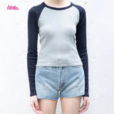 Advbridge Vintage Patchwork Ribbed T-shirt Women Autumn Casual Round Neck Long Sleeve Tee Shirt Retro Streetwear Chic Cotton T Shirt Tops