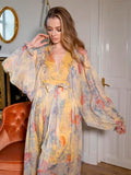 Advbridge Elegant Bandage Chiffon Wrap Beach Dress Long Sleeve Yellow Floral Pleated Maxi Dress Boho Sexy Summer Long Dresses Women 2024