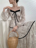 Advbridge Elegant Floral Printed Midi Dresses for Women Lantern Sleeves Square Collar A-line Evening Party Dress Autumn Chic Prom Robe