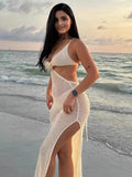 ADVBRIDGE  -  Sexy Knitted SD Flower Slim Beach Dress Women Retro Sleeveless Hollow Out Side Slit Long Dresses Female 2025 Chic Party Holiday