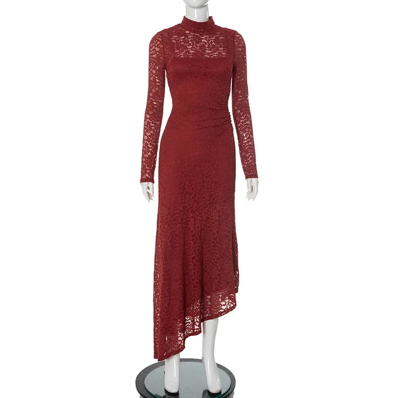 Advbridge Elegant Red Lace Maxi Dresses for Women Spring Turtleneck Long Sleeve Slim Evening Party Dress Fashion Two Piece Sets 2025