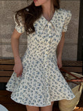 ADVBRIDGE  -  French Floral Print Women's Elegant Short Sleeve A-Line Dresses Summer Sweet Country Style Casual High Waist Dress New
