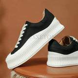 Advbridge Genuine Leather Thick Soled Round Toe Canvas Shoes for Women Comfortable Soft Casual Street Photography Versatile Board Shoes