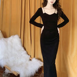 ADVBRIDGE  -  Sexy Red Spaghetti Strap Dress Women Chic Elegant Party Night Vestidos Skinny Pleated Long Sleeve Fashion Burgundy Chain Dress