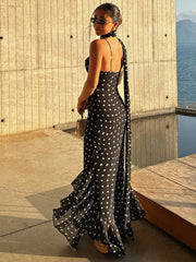 ADVBRIDGE  -  Retro Polk Dot Long Dress With Ribbon Women Sexy Low Cut Sleeveless Pleated Slim Evening Dresses Female Spring Chic Street Party