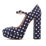 Advbridge Front Strap Platform Polka dot Pumps Women Cool Round Tip High Block Heel Shoes Summer Party Girl's Lolita Patent Leather Pump