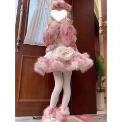 Advbridge Sweet Girl Cute Pink Lolita Cosplay Costume Versatile Coat Plush Faux Fur JSK Lolita Set Winter Cute Cake Dress