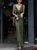 ADVBRIDGE  -  Summer Fashion Green Polka Dot Dress Women French Retro Elegant Slim Long Womens Dresses V-neck Sleeveless Silk Vestido