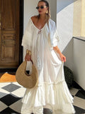 ADVBRIDGE  -  Fringed Lace Up Long Dress Ruffle Pleated Slit Tassel Baggy Slimming Fashion Layered Robes Vacation Beach Women Maxi Dresses New