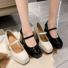 Advbridge -  New Black  Ankle Strap Platform Pumps Women Pu Leather Square Toe Mary Jane Shoes Woman Goth Thick High Heels Shoes Ladies