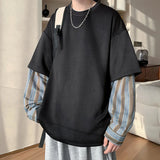 Advbridg  M-XXXXXL Plus Size Men's Fake Two-Piece Crew Neck Sweatshirt - Oversized Fit Trendy Layered Look Striped Long Sleeve Clothing